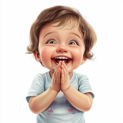 Happy baby with joyful expression, clasping hands, wearing light blue shirt, isolated on white background, cheerful and innocent look