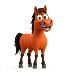 A photostock of a cartoon horse with a shiny brown coat and a joyful expression, isolated on a clean white background, animated and fun, High Quality
