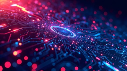 Glowing Circuit Board: A digital world's vibrant core, pulsing with energy and innovation.  Futuristic technology.