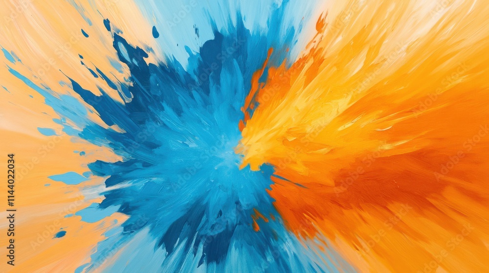 Poster vibrant abstract art with dynamic splashes of blue and orange conveying energy and emotion in a colo