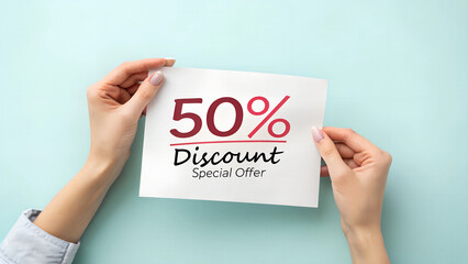 50% off special offer - woman holding sign announcing upcoming sale