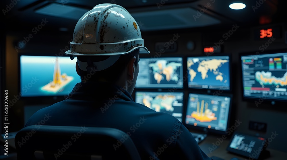 Poster focused worker monitors offshore oil rig activity via multiple screens displaying global data and op