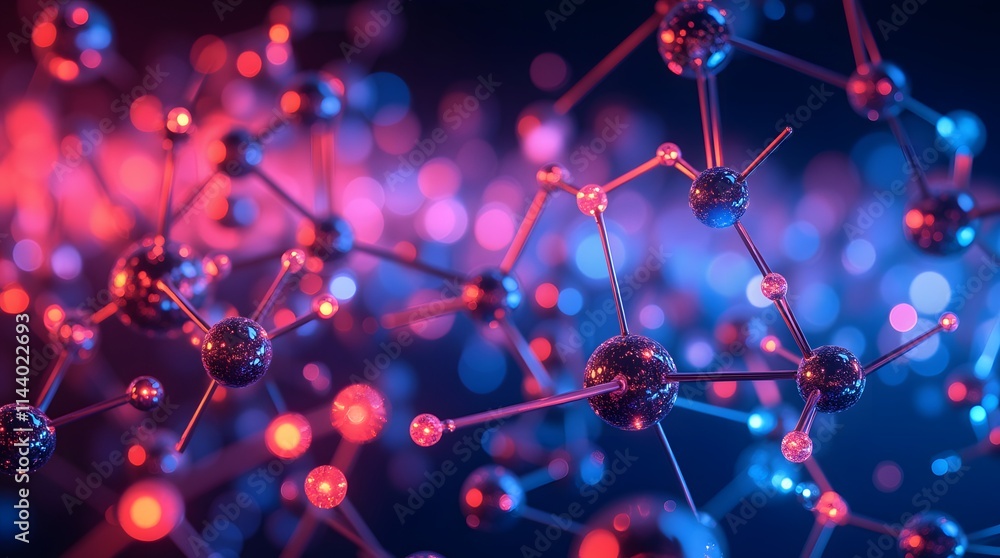 Poster intricate molecular bonds: a vibrant 3d rendering of a molecule's complex structure, illuminated by 