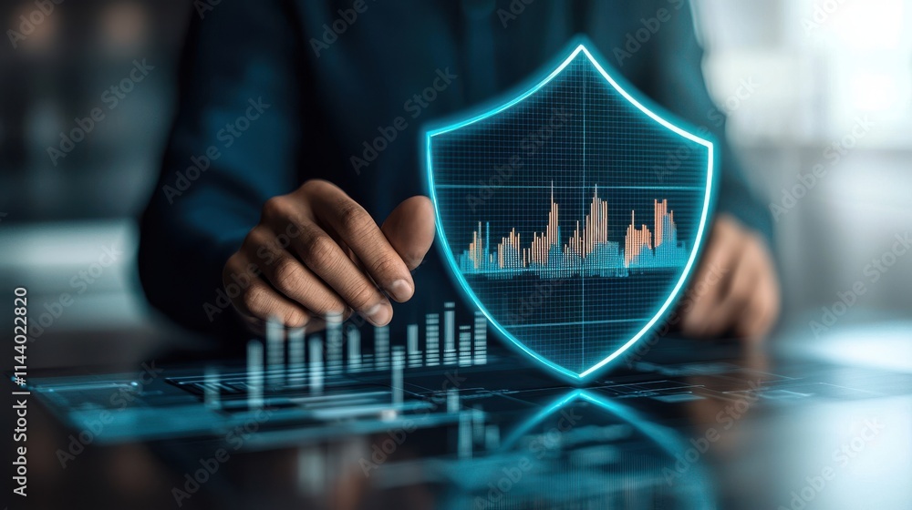 Poster investment security concept. a professional analyzing data with a digital shield overlay, symbolizin