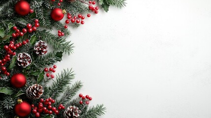 Festive Christmas Border with Evergreen Branches, Red Berries, Pinecones, and Ornaments on White