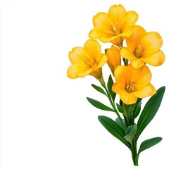 A photostock of a branch of yellow freesia flowers with green leaves, isolated on a clean white background, bright and fresh, High Quality