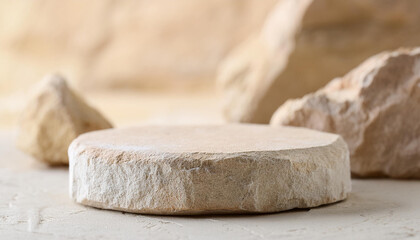 Rough beige stone pedestal. Product showcase in natural environment with rock formations