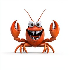 A photostock of a cartoon lobster waving one claw with a friendly smile, isolated on a clean white background, quirky and animated, High Quality