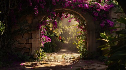 Fototapeta premium Enchanted Garden Archway: A Sunlit Path to Tranquility