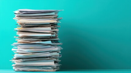 Large stack of documents on teal background. Illustrates paperwork overload, backlog, or archiving.