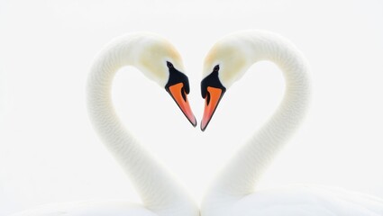 Fototapeta premium Two swans forming heart shape with necks on white background
