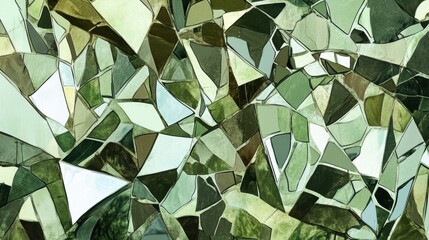 Obraz premium Fractured geometric patterns in shades of moss green, mint, and olive create a mosaic-like texture, resembling shattered leaves or cracked stone in an abstract natural design