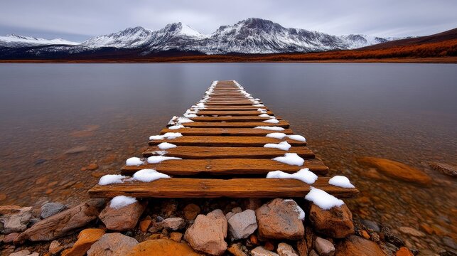Snowy Mountain Lake Pier: A wooden pier stretches towards a breathtaking view of snow-capped mountains reflected in a tranquil mountain lake.  The soft winter light casts a serene glow on the scene.