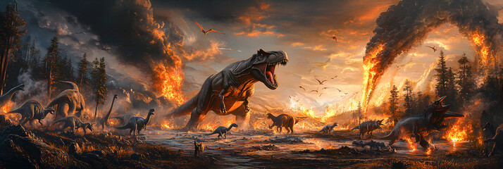 Naklejka premium Prehistoric Inferno: Dinosaurs Facing Extinction