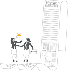 Two businesswomen successfully signed a project cooperation agreement contract, business concept illustration