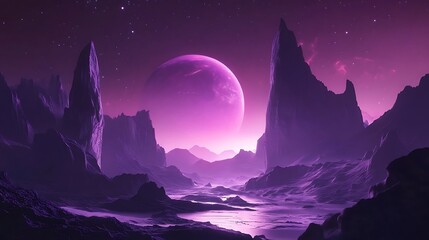 Purple Planet Rise: A Stunning 3D Render of an Alien Landscape. AI Generated