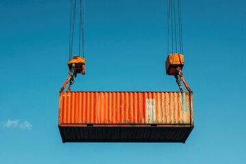 Large rusty shipping container hoisted by crane. Illustrates global trade, logistics, and shipping.