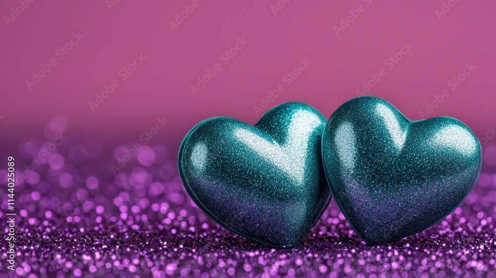 Poster two shiny teal hearts sit together on a sparkling purple surface, creating a whimsical and romantic 