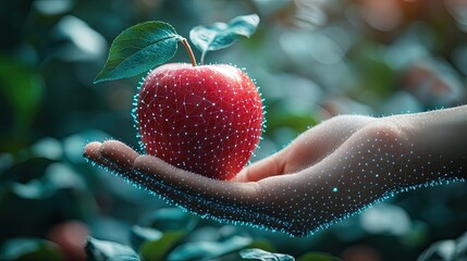 Digital hand holding bright red apple symbolizing intersection technology fresh produce highlighting innovation agriculture food distribution systems sustainable future