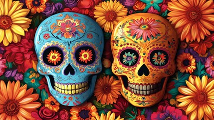 Vibrant sugar skulls artful digital painting floral fantasy-inspired. AI Generated