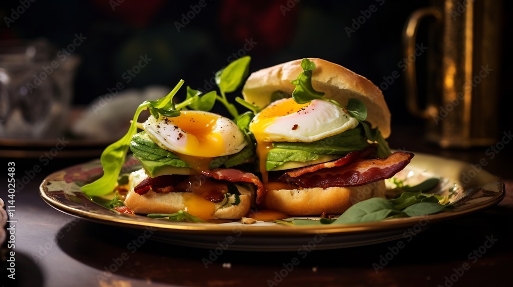 Poster exquisitely styled and photographed breakfast platter featuring savory eggs benedict sandwiches cris