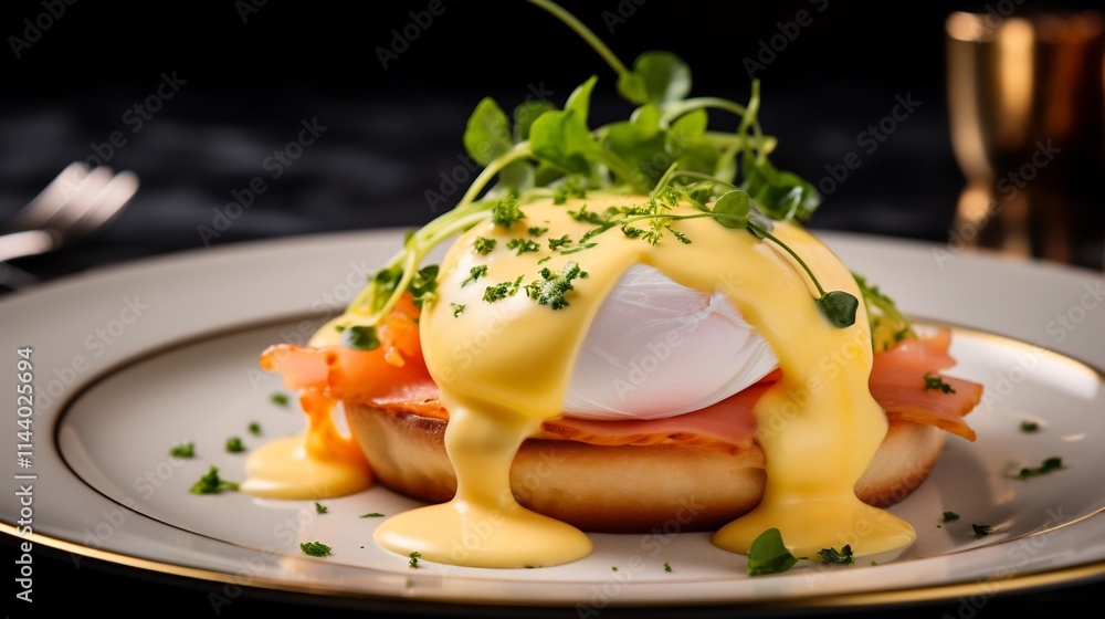 Poster elegantly presented classic eggs benedict with lemon wedge and parsley garnish styled for a clean an