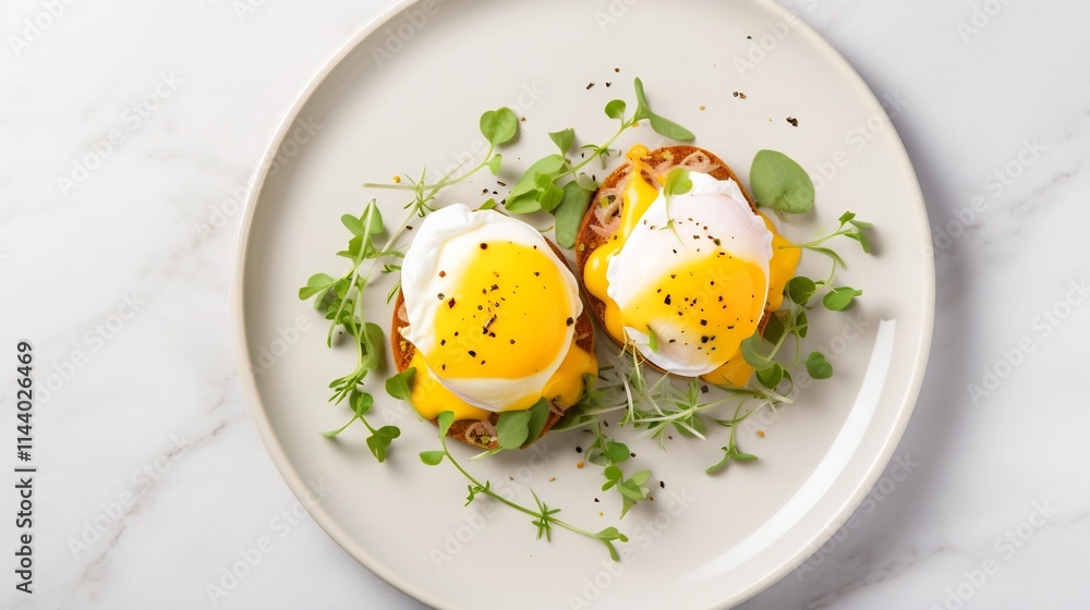 Poster flat lay composition featuring a delectable serving of eggs benedict on a white ceramic plate garnis
