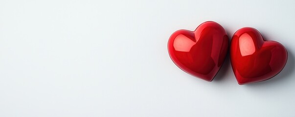 Two glossy red hearts sit side by side on a light background, symbolizing love and affection.