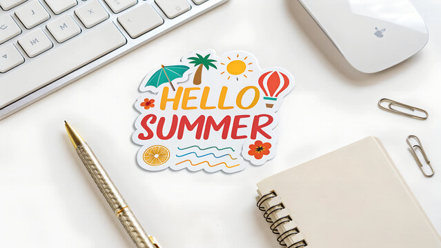 Hello Summer - sticker lying near laptop on office desk