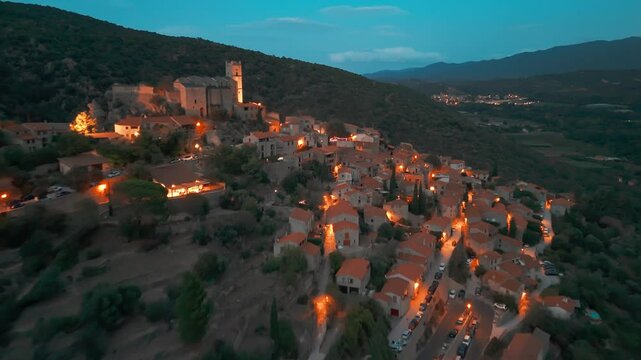 Aerial view of Eus, the medieval hilltop town in Pyrenees mountains, France. 