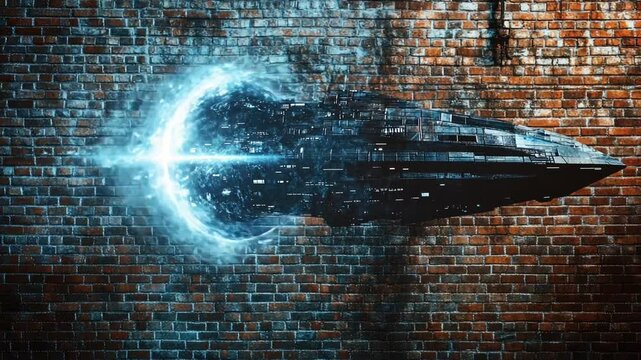 Spaceship Arriving: A sleek, futuristic spacecraft bursts through a shimmering portal in a brick wall, a captivating image of interdimensional travel and technological advancement.