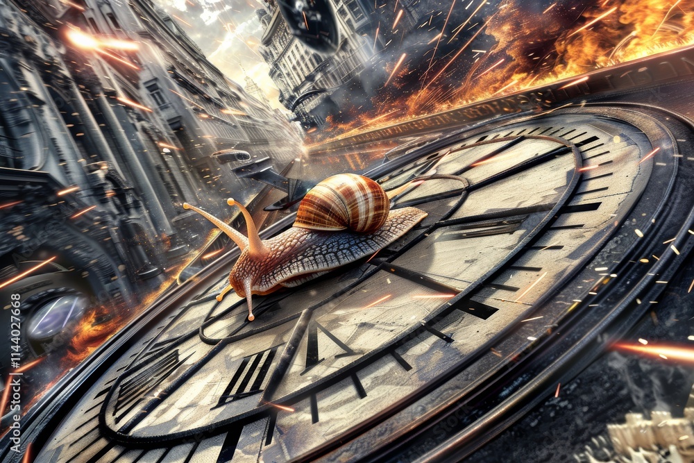 Aufkleber futuristic clock with fractal dial surrounded by a digital nebula and a glowing snail