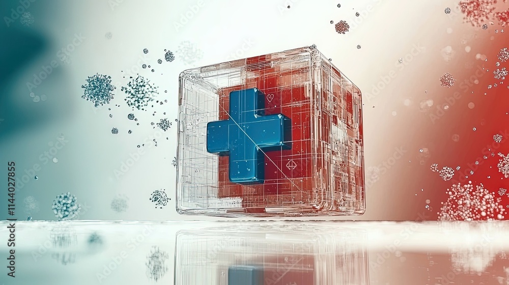 Poster abstract health cube with blue cross and colorful background elements