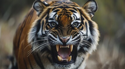 Obraz premium Close-up of a majestic tiger with bared fangs, showcasing its intense gaze and powerful presence in a natural habitat.