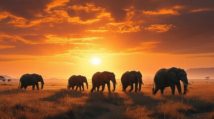 Fototapeta premium Herd of African Elephants Migrating Across the Savanna.