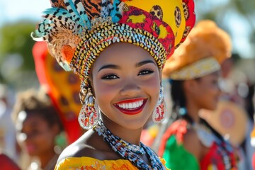 A smiling group of people wearing traditional clothing from their respective countries, standing together, symbolizing global diversity and inclusion