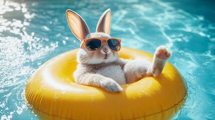 Easter bunny lounging on a yellow inflatable ring in the pool, sunglasses on, capturing summer vibes. Close-up view with space for vacation banners.