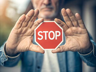 man holding stop sign close up