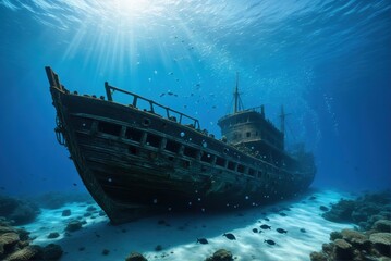 A majestic shipwreck rests on the ocean floor, bathed in a beam of sunlight, with fish swimming around.