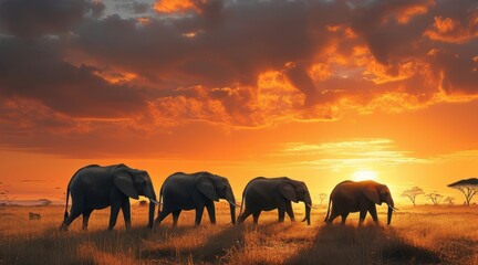 Fototapeta premium Herd of African Elephants Migrating Across the Savanna.