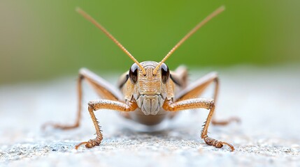 Close-up of a tan grasshopper facing forward on a light gray surface.
