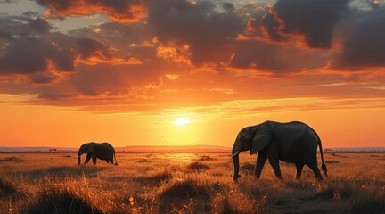 Herd of African Elephants Migrating Across the Savanna.