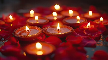 Diwali celebration lit Diyas flower petals representing Hindu festival lights creating joyful colorful atmosphere traditional decorations ideal cultural holiday themes