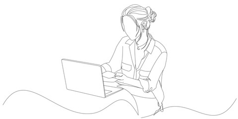 vector line art design of office woman working using laptop eps 1
