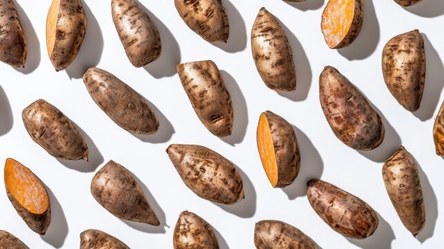 Sweet potato flatlay on white