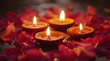 Diwali celebration lit Diyas flower petals representing Hindu festival lights creating joyful colorful atmosphere traditional decorations ideal cultural holiday themes