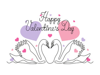 Happy Valentine's Day handwritten inscription, postcard with couple of swans loving birds.continuous single line art drawing sketch, logo