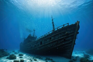 A majestic shipwreck rests on the ocean floor, bathed in a beam of sunlight, with fish swimming around.