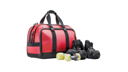 A vibrant red gym bag accompanied by dumbbells and athletic shoes, perfect for a workout or fitness session at the gym.