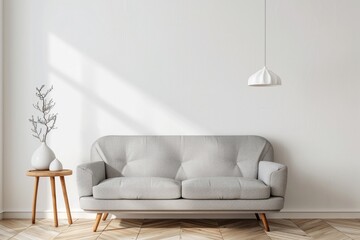 Trendy Living Room. Modern Interior Design with Grey Sofa and Wooden Furniture for Advertising